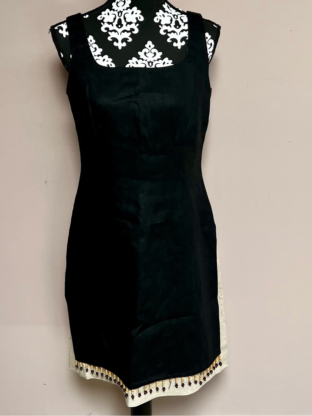 YVES COSSETTE Depeche Mode 90s Vintage Beaded Fringe 100% Linen Slit Dress